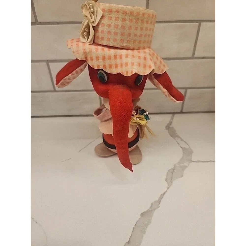 Vintage Styrofoam Felt‎ Red Elephant Poseable Ears Pink Hat Holding Flowers